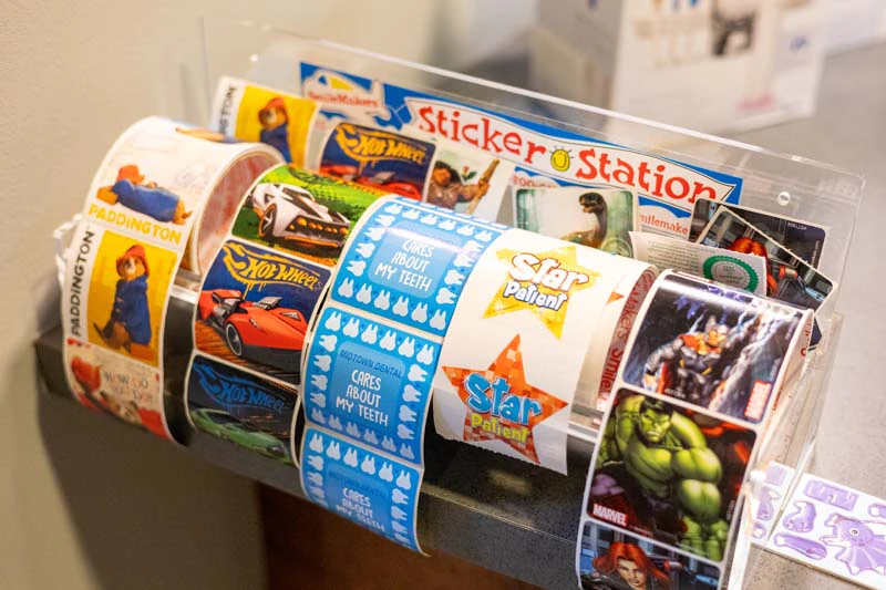 sticker station for kids after dental treatment at Midtown Dental